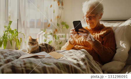 Cozy vertical content creation scene with older woman in home interior. Perfect for digital storytelling visuals. 131296091