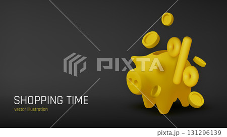 3D piggy bank illustration with flying coins and discount percentage, ideal for sales, shopping, and financial marketing projects. 131296139