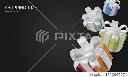 Festive shopping background with multicolored present boxes tied in glossy white bows. Festive shopping background with multicolored present boxes tied in glossy white bows. 131296207