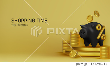 Golden piggy bank in black shopping basket with falling coins, symbolizing savings, discounts, investments, and financial growth 131296215