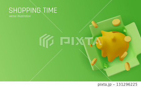 Elegant 3D piggy bank illustration with golden coins, ideal for finance, banking, investment, and money-saving advertisements. 131296225