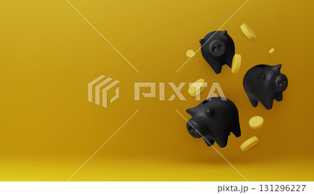 Black piggy bank with stacked coins on yellow background, symbolizing money saving, investment, finance, banking, and economic growth 131296227
