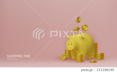 Elegant 3D piggy bank illustration with golden coins, ideal for finance, banking, investment, and money-saving advertisements. Elegant 3D piggy bank illustration with golden coins, ideal for finance, banking, investment, and money-saving advertisements. 131296240