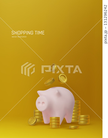 Elegant 3D piggy bank illustration with golden coins, ideal for finance, banking, investment, and money-saving advertisements. 131296242