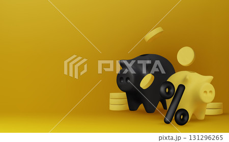 Piggy bank with golden coins and percentage symbol, perfect for finance, savings, discounts, and banking promotional design. 131296265