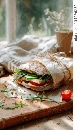 Rustic chicken and salad sandwich wrapped in kraft paper with twine on wooden board, eco-conscious artisanal lunch scene with creamy dressing and takeaway coffee in natural light 131296282