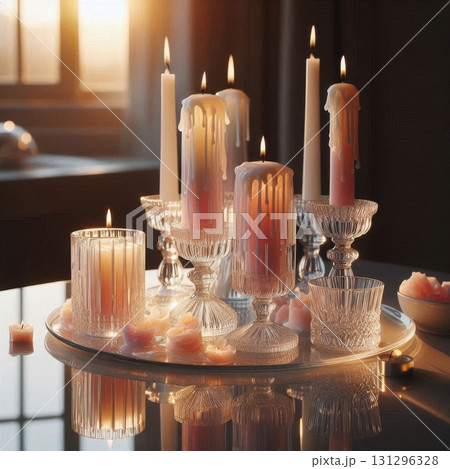 Crystal candle plate with pastel taper candles and soft wax drips in an elegant, tranquil home setting 131296328
