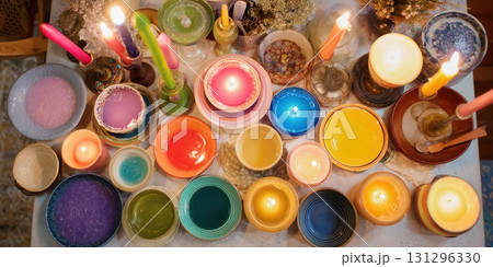 Top view of a warm DIY scene with melting wax, boho charm, and improvised decor in cozy home 131296330