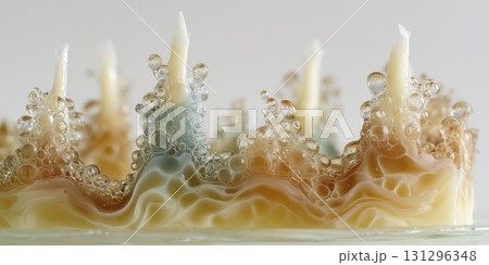 Abstract wax textures on a clear glass plate with burnt taper candle wicks in pastel shades 131296348