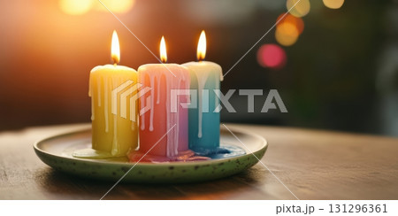 Melting Taper Candles on Ceramic Candle Plate in Warm Light for Cozy Home Decor and Mindful Rituals 131296361