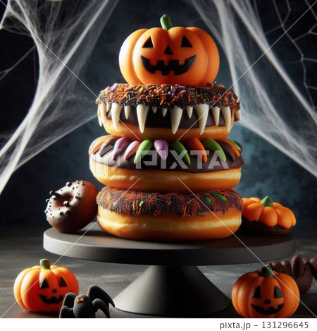 Halloween donuts stacked with spooky icing and candy details on a black stand, ideal for bakery-themed seasonal content. Halloween donuts stacked with spooky icing and candy details on a black stand, ideal for bakery-themed seasonal content. 131296645