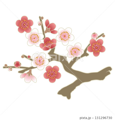 紅白の梅の花が咲く枝の和風ベクター素材イラスト｜梅, 花, 正月 131296730