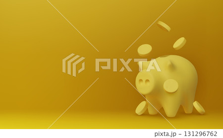 3D yellow piggy bank with gold coins, representing wealth, savings, investment planning, and modern finance design for business concepts. 131296762