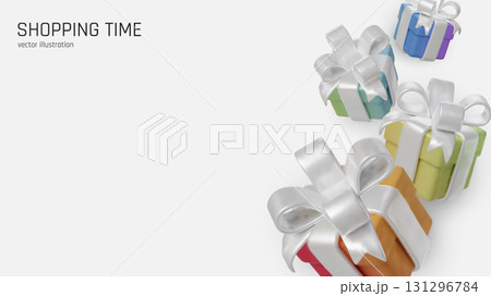 Colorful 3D gift boxes with shiny white ribbons on clean minimal background. 131296784
