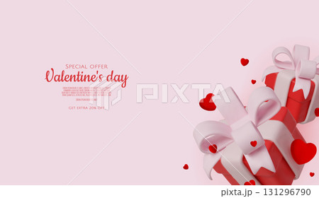 Elegant Valentine s present boxes decorated with pink bows and surrounded by red heart shapes. 131296790
