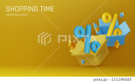 Modern 3D render of discount concept with percent sign inside a blue open box on a gradient background. Great for e-commerce promotions and sales design templates. Modern 3D render of discount concept with percent sign inside a blue open box on a gradient background. Great for e-commerce promotions and sales design templates. 131296885