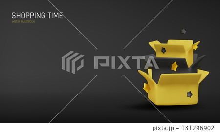 Black Friday 3D illustration with open box and stars. Perfect for sale promotions, e-commerce banners, and digital marketing visuals. 131296902