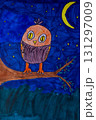 Owl on branch of tree in night drawing by child using felt tip pens 131297009