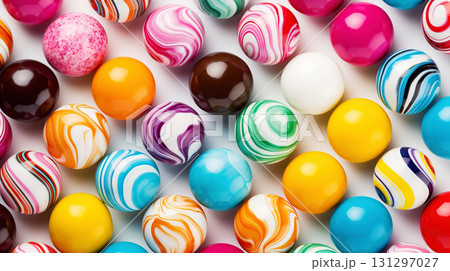 Top view on large colorful jawbreaker candies background. Gum colorful balls. Generative AI Top view on large colorful jawbreaker candies background. Gum colorful balls. Generative AI 131297027