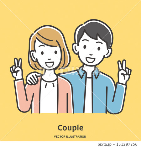 仲が良くピースサインをする若いカップル 131297256