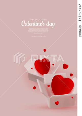 3D render for Valentine s Day sale with red hearts in open boxes and elegant typography. Ideal for ecommerce, banners, advertisements, and romantic event promotions. 131297332