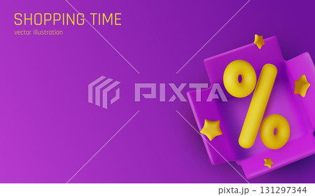 Shopping promotion concept with percentage symbol in an open box, surrounded by stars. Perfect visual for seasonal discounts, online shopping deals, or retail advertisements. Shopping promotion concept with percentage symbol in an open box, surrounded by stars. Perfect visual for seasonal discounts, online shopping deals, or retail advertisements. 131297344