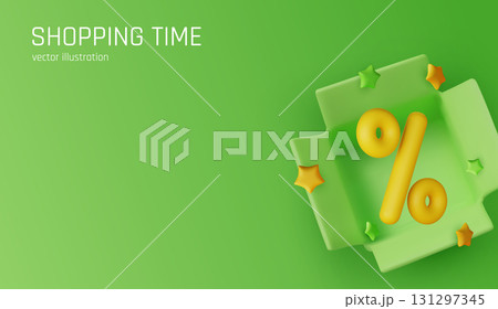Bright 3D illustration of a yellow percentage symbol emerging from an open box with stars, representing discounts and shopping time. Ideal for online stores, banners, and marketing campaigns. 131297345