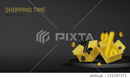 3D vector illustration of a yellow open boxes with percent and discount symbols. Perfect for promoting sales, special offers 131297371