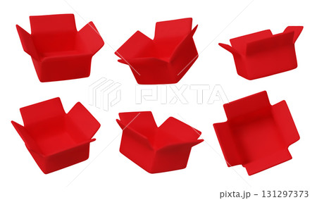 3D render of empty bright yellow open boxes in multiple perspectives. Perfect for UI UX design, product mockups, and digital marketing assets. 131297373