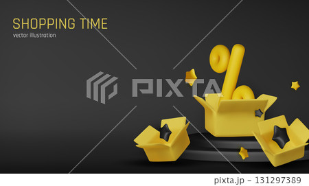 Yellow shopping boxes filled with black 3D percentage symbols on a solid yellow background. Ideal for ecommerce, discounts, Black Friday, and retail ads 131297389