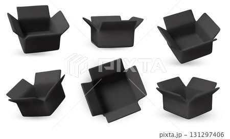 3D render of empty bright yellow open boxes in multiple perspectives. Perfect for UI UX design, product mockups, and digital marketing assets 131297406