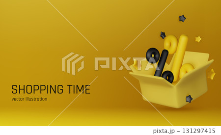 Modern 3D illustration of yellow open boxes with black percent signs inside. Perfect for advertising promotions, sales campaigns, and shopping-themed designs 131297415