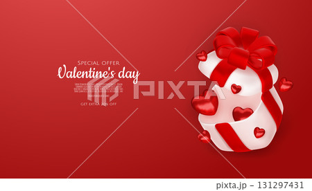 Valentines day sale vector banner template. Valentines day sale discount text with hearts elements in white pattern background. Vector illustration. Valentines day sale vector banner template. Valentines day sale discount text with hearts elements in white pattern background. Vector illustration. 131297431
