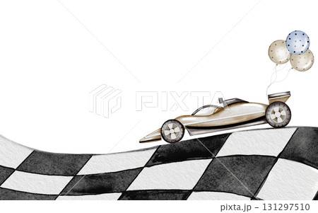 Race car and the track watercolor illustration. Race car in pastel colors with balloons on a white background. Ideal for children's textiles, stickers and baby shower design for boys Race car and the track watercolor illustration. Race car in pastel colors with balloons on a white background. Ideal for children's textiles, stickers and baby shower design for boys 131297510