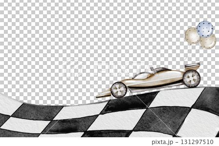 Race car and the track watercolor illustration. Race car in pastel colors with balloons on a white background. Ideal for children's textiles, stickers and baby shower design for boys Race car and the track watercolor illustration. Race car in pastel colors with balloons on a white background. Ideal for children's textiles, stickers and baby shower design for boys 131297510