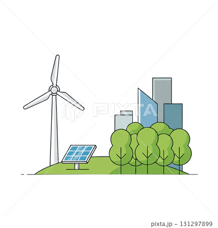 風力発電機や太陽光パネルがあるカーボンニュートラルのイメージ 131297899