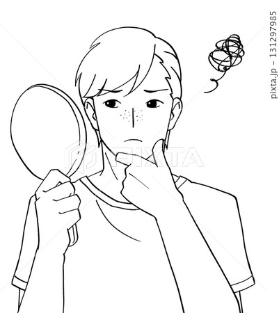 毛穴やそばかすが気になり鏡を見る男性の白黒イラスト 131297985