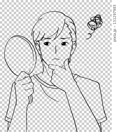 毛穴やそばかすが気になり鏡を見る男性の白黒イラスト 131297985