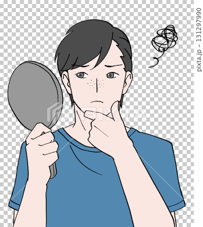 毛穴やそばかすが気になり鏡を見る男性のイラスト 131297990