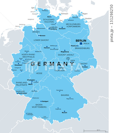 Germany, a country in Central Europe with capital Berlin, blue political map. The Federal Republic of Germany subdivided into 16 constituent states, with their capitals and largest cities. Vector Germany, a country in Central Europe with capital Berlin, blue political map. The Federal Republic of Germany subdivided into 16 constituent states, with their capitals and largest cities. Vector 131298250