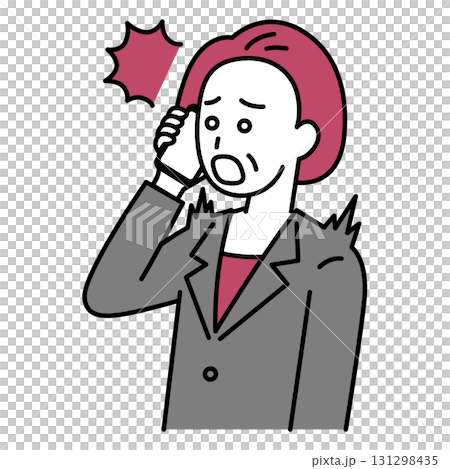 一位身穿西裝的中年女子驚訝地接到了智慧型手機上的來電 131298435