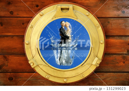Couple sea wedding trip figure boat window view Couple sea wedding trip figure boat window view 131299023