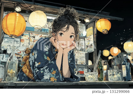 美優シリーズ：浴衣の少女、屋台でかき氷を頬張る 131299066