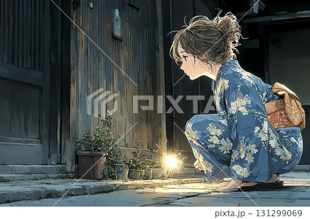 美優シリーズ：浴衣の少女、線香花火を見つめる夜 131299069