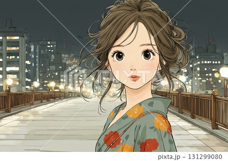 美優シリーズ：美優が花柄の浴衣を着てライトアップされた橋の上を歩き、都会の夜風を感じているシーン 131299080