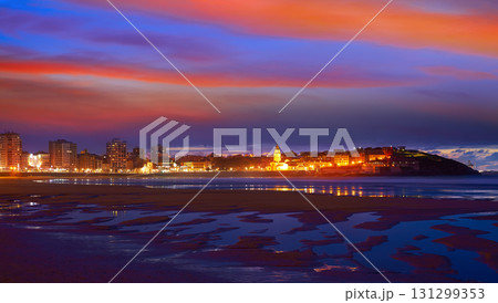 Gijon skyline sunset in San Lorenzo beach Asturias 131299353