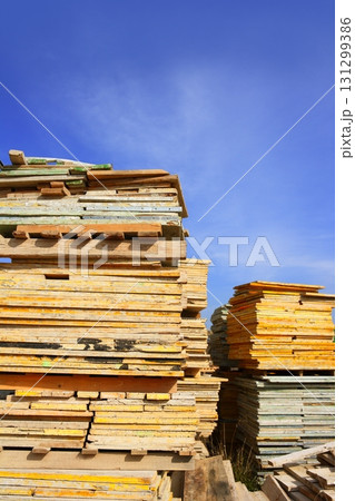 formwork shuttering wood board stacked blue sky 131299386
