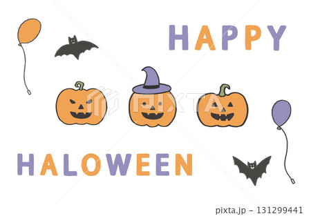 ハロウィンの素材セット 笑顔のカボチャたち コウモリと風船 ハロウィンの素材セット 笑顔のカボチャたち コウモリと風船 131299441