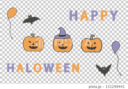 ハロウィンの素材セット 笑顔のカボチャたち コウモリと風船 ハロウィンの素材セット 笑顔のカボチャたち コウモリと風船 131299441