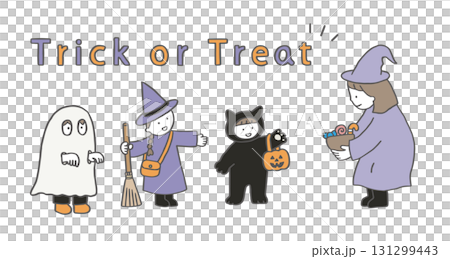 Trick or treat! Children in costumes coming to get candy Witch/black cat/ghost/monster/candy 131299443